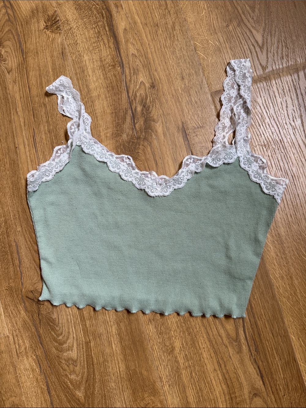 SHEIN Sage Green Ribbed Lace-Trim Cropped Camisole
